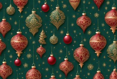 The primary subject of the image is a collection of Christmas ornaments. These ornaments are hanging from strings and are displayed on a green background. The ornaments come in various shapes and sizes, and they are predominantly red in color. The overall atmosphere of the image is festive and joyful, as it showcases the beauty and charm of these holiday decorations.